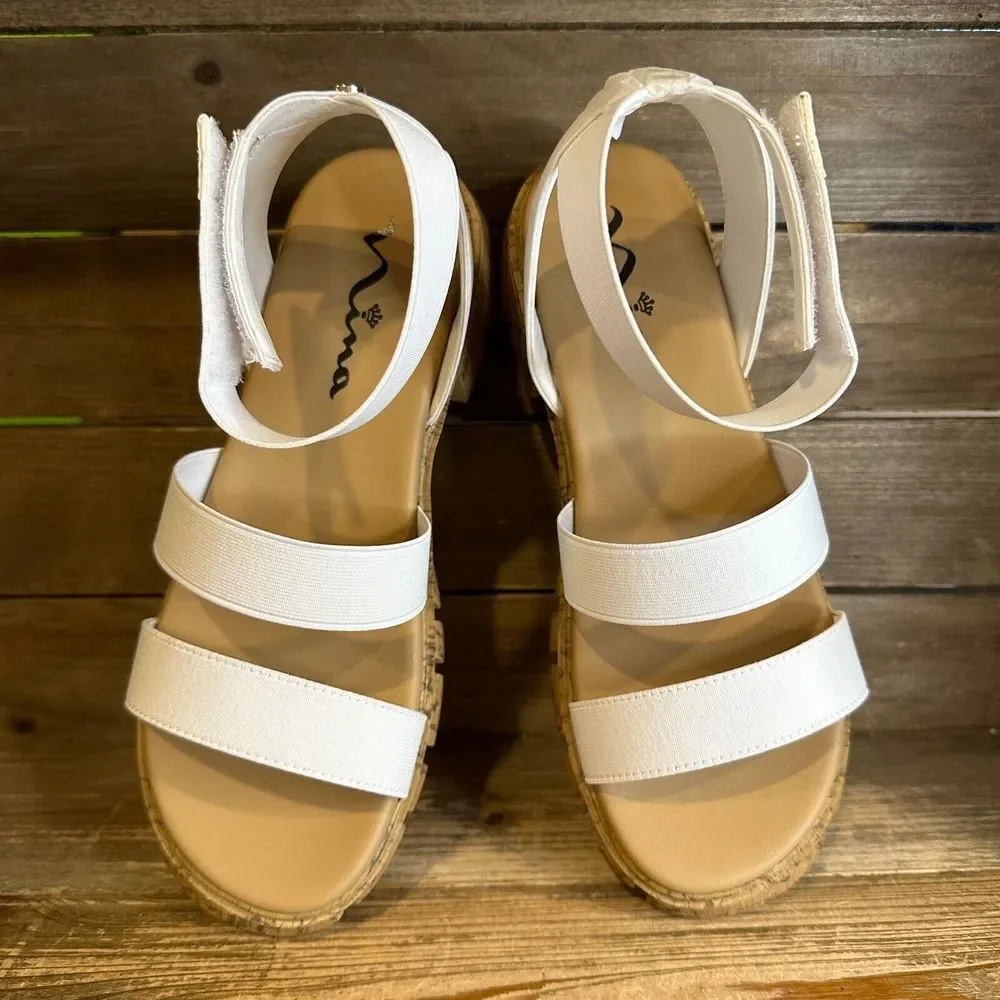 New NIB Big Kids Nina Seri White Canvas Strappy Ankle‎ Strap Sandals Size 6 Y